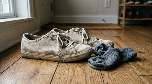 A pair of well-worn off-white hemp sneakers and crumpled socks on a wooden floor, representing smelly hemp shoes.