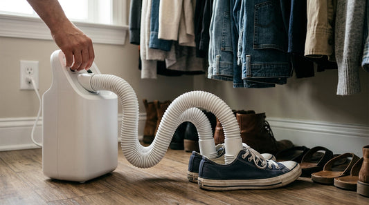 A portable shoe ozone generator with tubes inserted into navy canvas sneakers on a closet floor near hanging clothes.