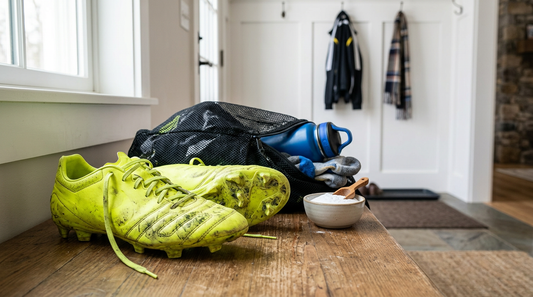 Neon yellow soccer cleats with turf stains and a mesh gear bag on a wooden mudroom bench next to a small bowl of baking soda.