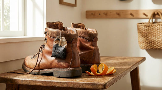 Worn leather hiking boots on a wooden mudroom bench with dry tea bags and orange peels used as natural deodorizers.