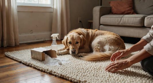 Dog lying on a wool area rug beside an open baking soda box and spray bottle — pet odor rug removal attempts that haven't worked