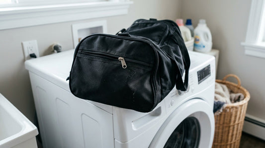A black nylon gym bag sitting on top of a white front-loading washing machine in a laundry room.