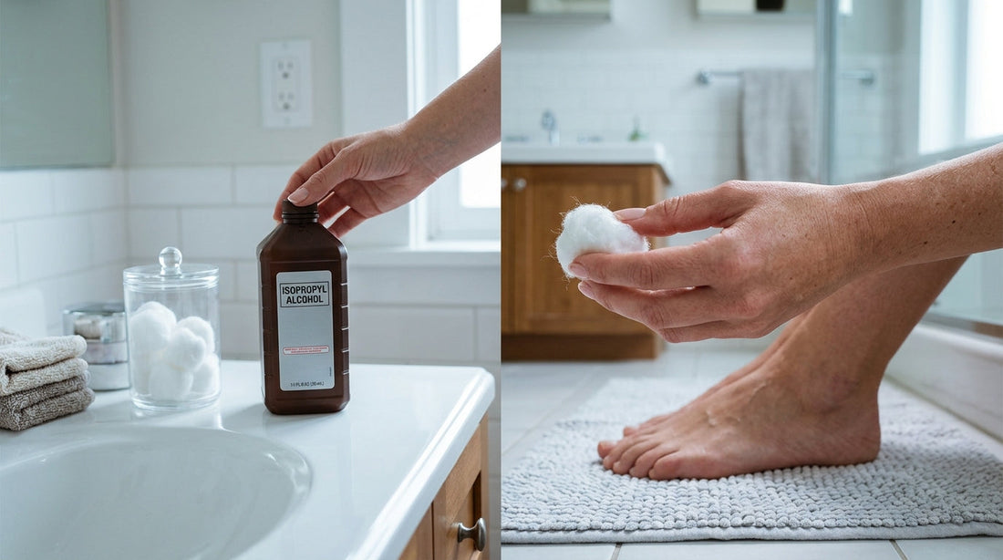 A brown rubbing alcohol bottle and cotton balls on a bathroom counter near a bare foot, questioning the use of isopropyl alcohol for smelly feet.