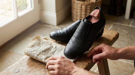 Premium black kangaroo leather cleats on a wooden bench with cedar shoe trees and newspaper nearby to remove odor naturally.