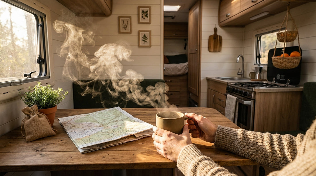 Cozy RV interior showing a wooden dinette table and kitchen area with natural light, representing the best natural air fresheners for rvs.