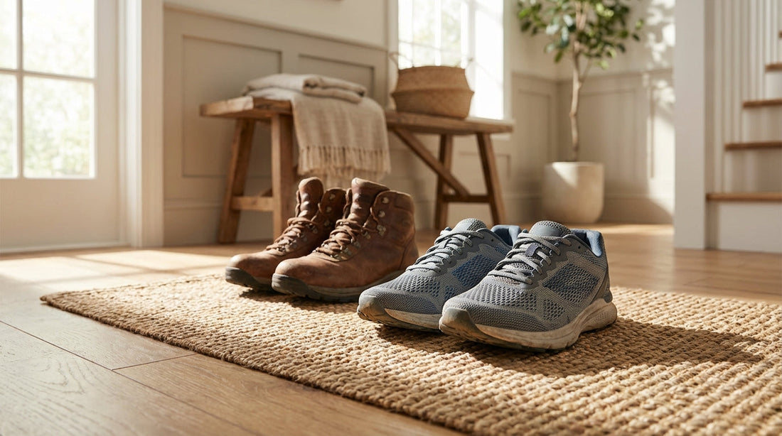 Leather hiking boots and mesh running sneakers sitting on a woven jute mat in a sunlit entryway.