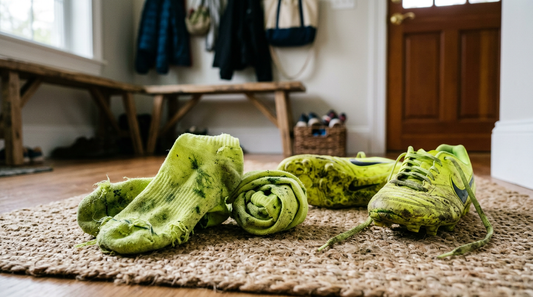 Grass-stained neon soccer cleats and crumpled athletic socks left on a mudroom rug, representing the source of swamp feet odor.