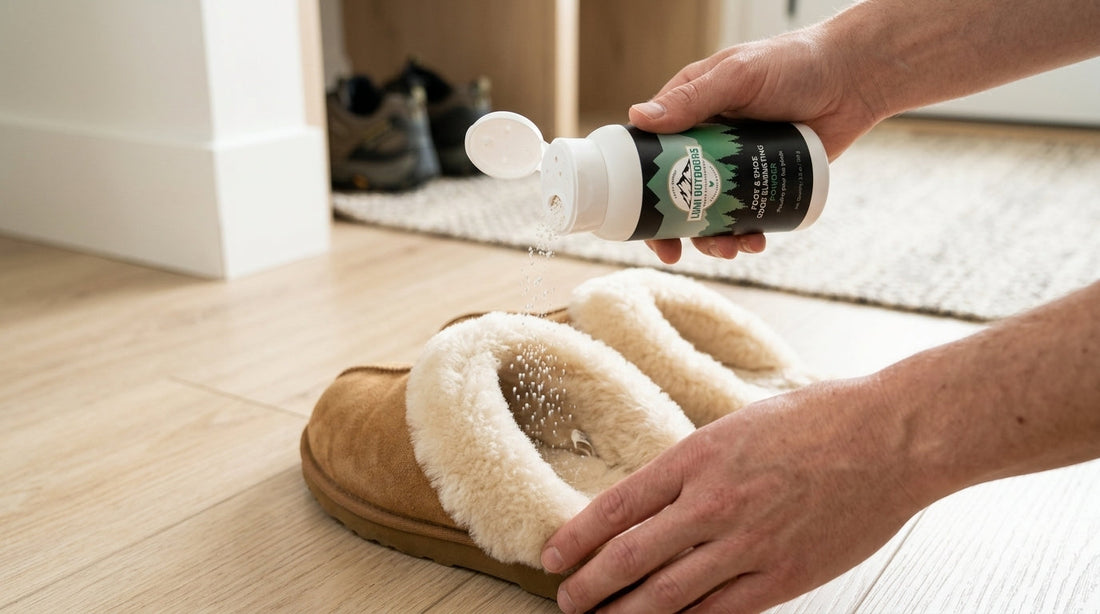 Hands sprinkling natural mineral powder into a tan sheepskin slipper to remove odors.