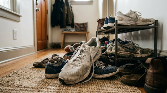A crowded apartment entryway with several pairs of worn mesh sneakers, a metal shoe rack, and a woven entryway rug in natural light.