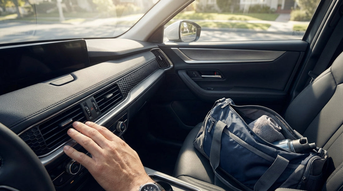 Interior of a car with a gym bag on the passenger seat and sunlight hitting the dashboard air vents, illustrating a smelly car AC fix.