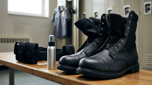 Black leather tactical boots and a spray bottle on a locker room bench to deodorize police boots.