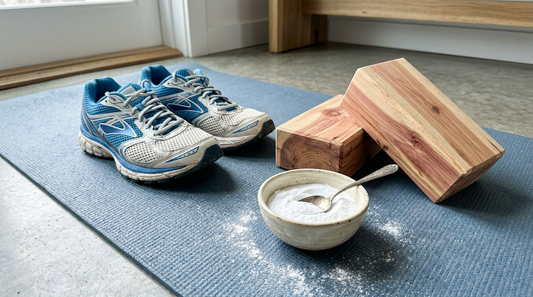 A post-run recovery kit with running shoes, cedar blocks, and baking soda to prevent diabetic foot odor.