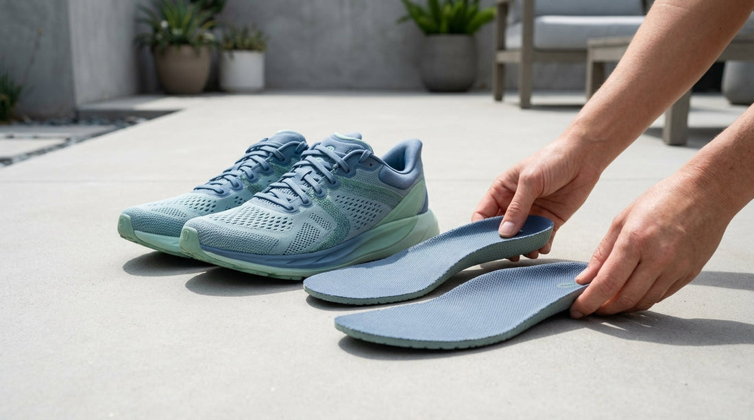 Lululemon Blissfeel 2 running shoes with insoles removed sitting on a sunny concrete patio for sunlight odor removal