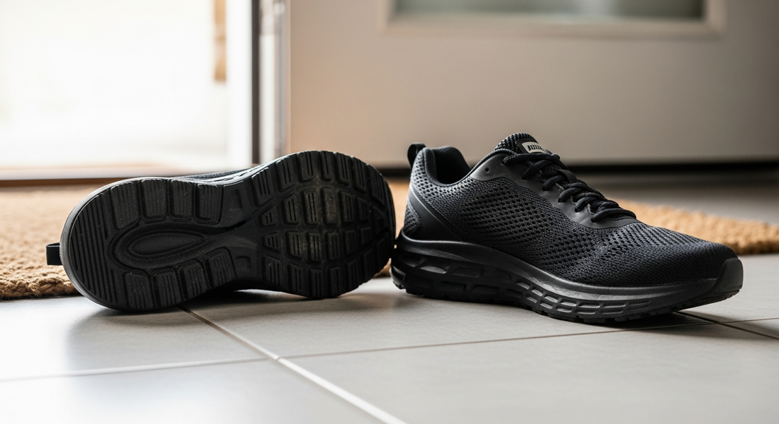 A pair of synthetic mesh running shoes kicked off on a ceramic tile floor near an entryway mat.