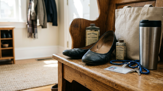 A teacher's morning shoe prep station with black leather flats, a foot powder tin, and a school lanyard on a wooden bench.