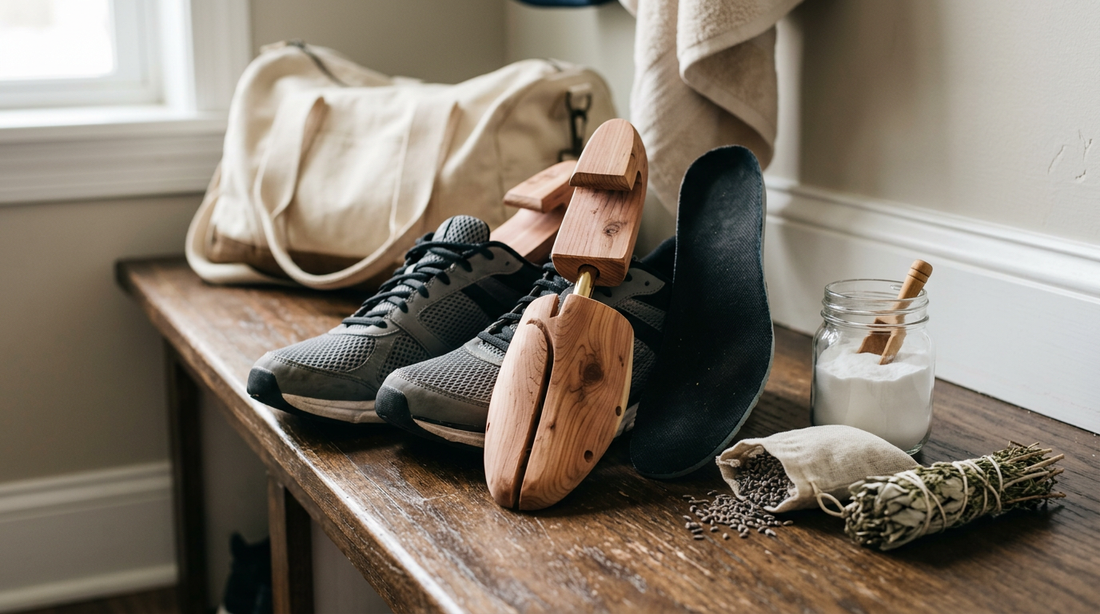 A collection of natural stinky athletic shoes remedy items including mesh sneakers, cedar shoe trees, and baking soda on a bench.