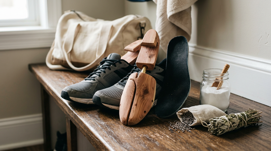 A collection of natural stinky athletic shoes remedy items including mesh sneakers, cedar shoe trees, and baking soda on a bench.