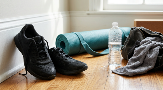 Damp mesh sneakers and a rolled yoga mat on a studio floor illustrating the need for tea tree oil for shoes.