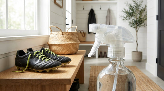 A pair of black leather soccer cleats with neon laces sitting on a light oak mudroom bench next to a clear glass spray bottle and a woven seagrass basket.