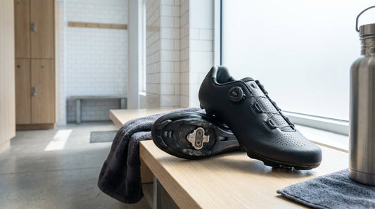 A pair of black synthetic spin shoes with SPD cleats resting on a wooden locker room bench next to a folded gym towel and a water bottle.