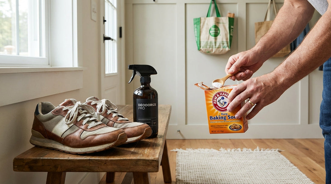 An entryway bench with sneakers, a box of baking soda, and a spray bottle representing shoe deodorizer home remedy options