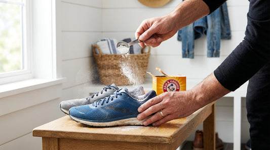 Baking soda being sprinkled into a pair of mesh running shoes on a mudroom bench to remove odor.