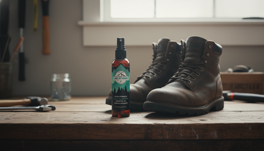 Natural Extra Strength Lemon Eucalyptus Shoe Deodorizer Spray next to clean work boots eliminating odor