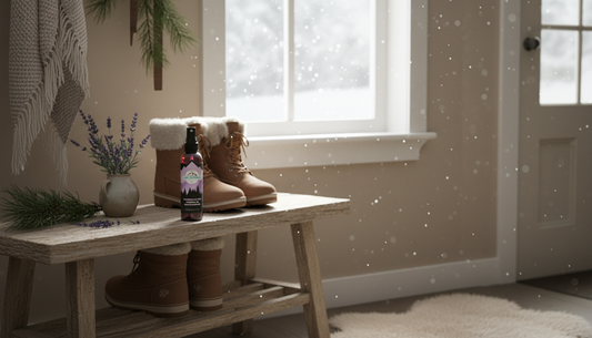 Natural Lavender Tea Tree Shoe Deodorizer Spray in cozy mudroom setting with fur-lined winter boots, perfect for eliminating odors