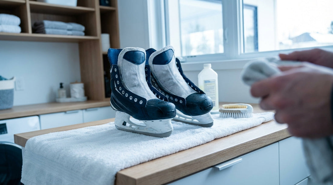 Professional hockey skates resting on a clean white towel in a bright locker room, showing the result of how to wash hockey skates to look like new.