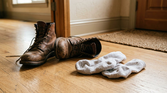 A pair of heavy leather work boots kicked off next to crumpled damp white cotton socks on a light hardwood floor.