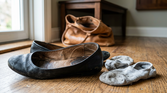 Worn black leather ballet flats and crumpled cotton socks discarded on a hardwood floor near a tote bag.