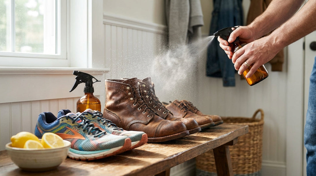 Leather work boots and mesh sneakers on an entryway bench with a spray bottle and lemon slices.