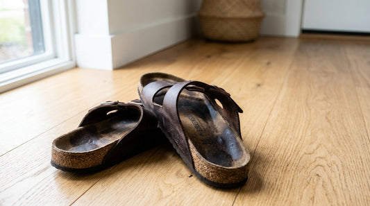 A pair of dark-stained cork sandals kicked off on a light oak floor near a white entryway wall.