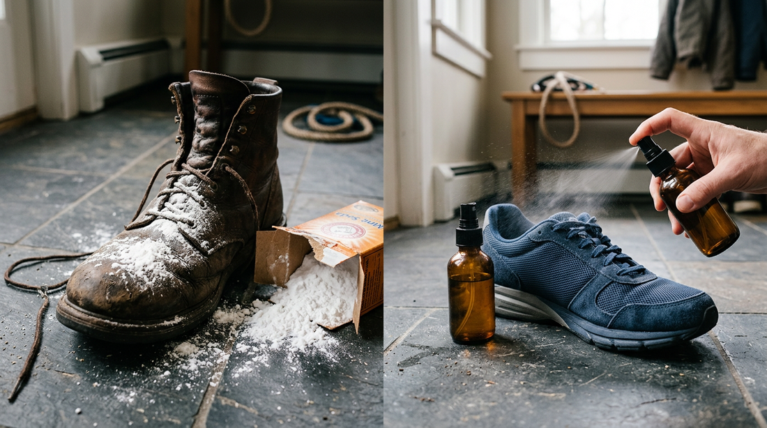 A split scene showing a messy box of white baking soda spilling onto a cracked leather boot compared to a clean spray bottle by a fresh sneaker.