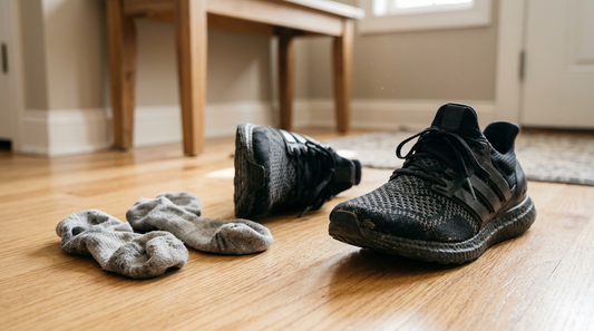Worn black Primeknit sneakers kicked off next to crumpled socks on an entryway floor, highlighting adidas ultraboost odor issues.