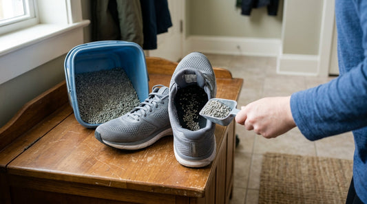 A pair of grey mesh running sneakers sitting on a wooden bench next to an open plastic container of clay kitty litter.