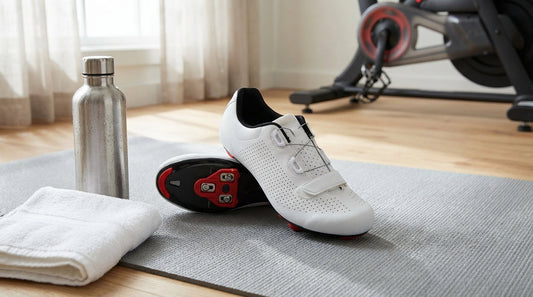 White indoor cycling shoes with delta cleats resting on a grey yoga mat next to a metal water bottle and a folded white towel.