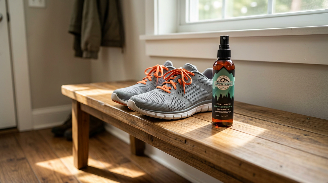 A pair of grey synthetic mesh running sneakers sitting on a wooden entryway bench next to a natural shoe deodorizer spray bottle.