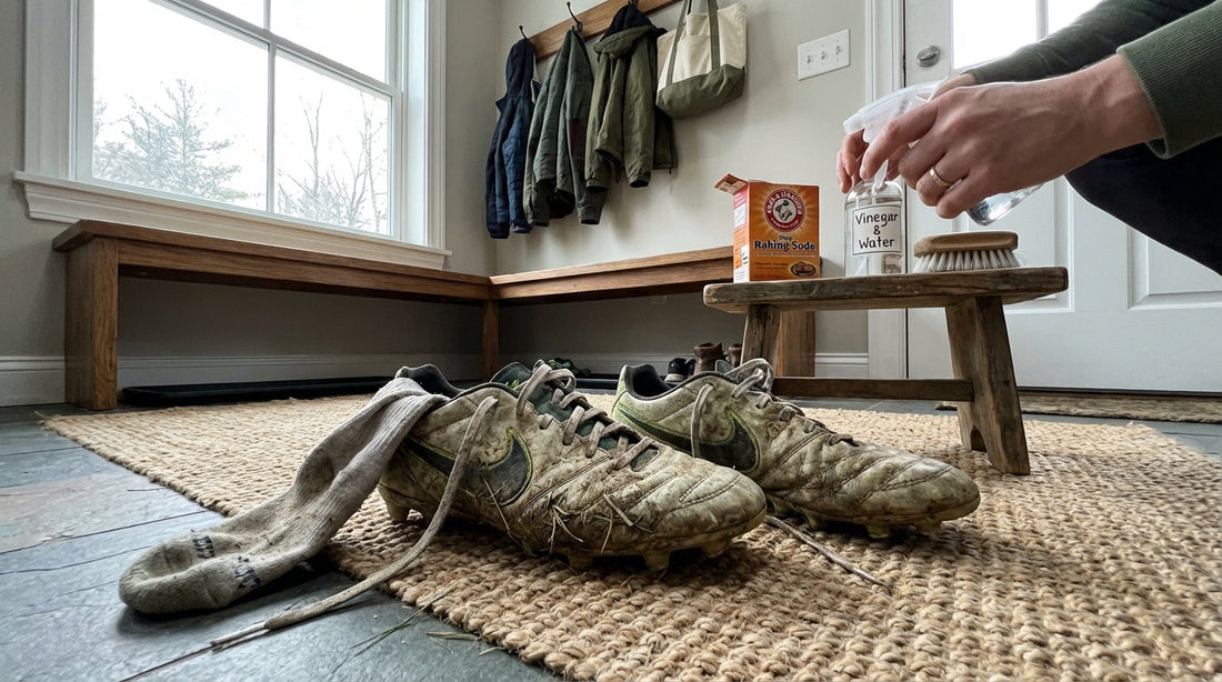 A pair of grass-stained soccer cleats kicked off on a mudroom floor with sports gear in the background.