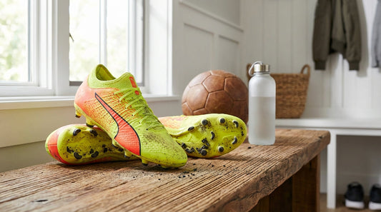 Pair of bright soccer cleats and a soccer ball on a clean mudroom bench with turf pellets visible on the soles.