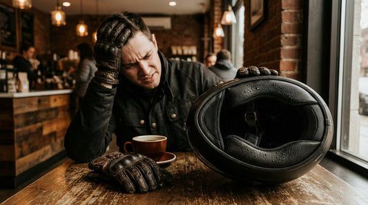 A person sitting at a cafe table looking frustrated next to their smelly motorcycle helmet after a ride.