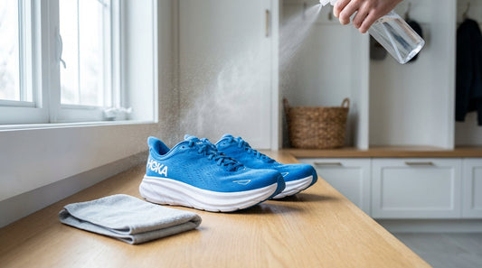 A pair of bright blue Hoka running shoes with thick white midsoles and a clear misting spray bottle on a light oak mudroom bench.