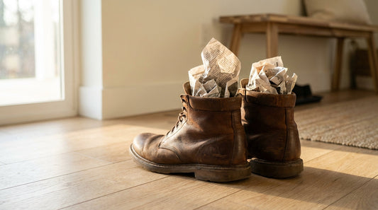 A pair of brown leather work boots on a light oak floor with crumpled newspaper inside the openings, afternoon sun through a window.