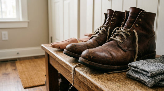 A pair of premium leather work boots with worn laces sitting on a wooden mudroom bench next to a cedar shoe tree and folded wool socks.