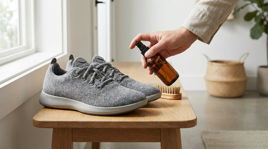 Grey merino wool runners on a light oak entryway bench next to an amber glass spray bottle and a wooden brush