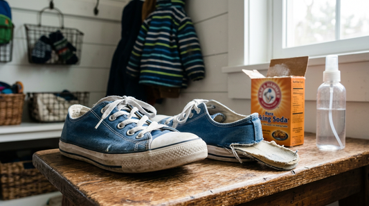 A pair of blue kids canvas sneakers, a box of baking soda, and a spray bottle on a wooden mudroom bench with natural light.