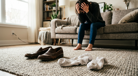 A person sitting on a sofa with their head in their hands, looking down at a pair of worn leather loafers and crumpled socks on the rug, evoking the frustration of diabetic foot odor.