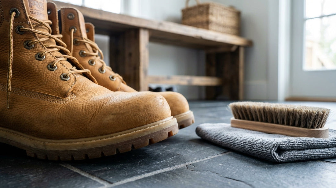 Wheat-colored waterproof leather work boots on a slate mudroom floor with cleaning tools nearby