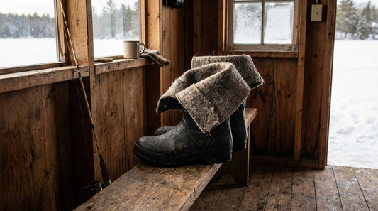 A pair of heavy black ice fishing boots with grey felt liners on a wooden bench inside a rustic ice shanty.