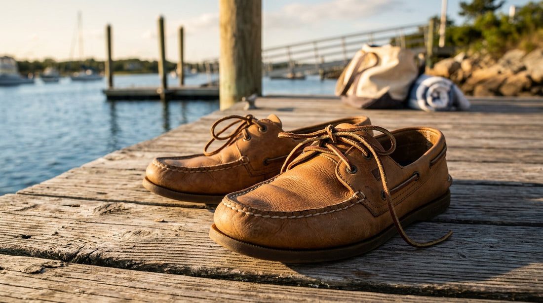 A pair of classic tan leather boat shoes with rawhide laces sitting on a weathered wooden deck in the afternoon sun.
